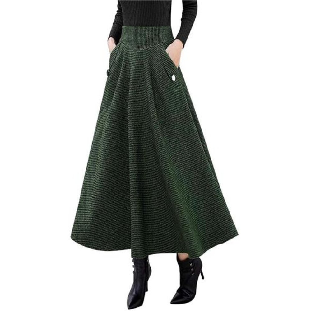 Women’s Fall Winter High Waisted Wool Plaid A-line Long Skirt